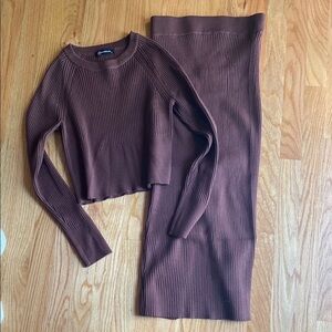 Brown Ribbed Knit Sweater and Skirt Set